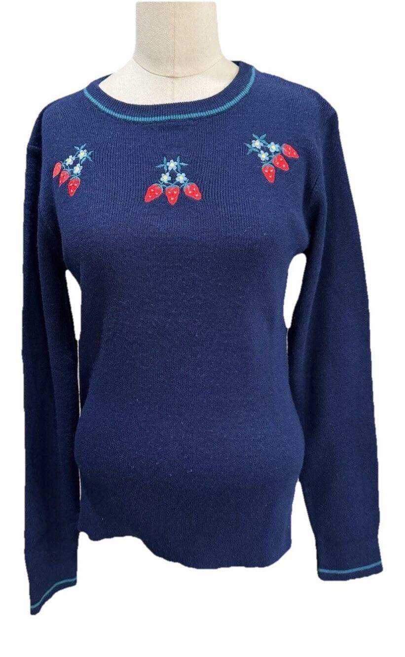 Vintage Navy Strawberry Embroidered Sweater Womens S M Crewneck Cottagecore